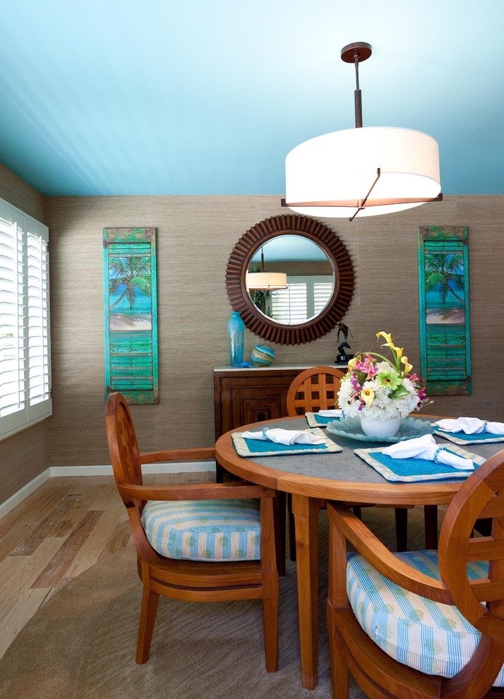 Pictures of Shutters Dining Room Tropical with Blue Ceiling Dining Table