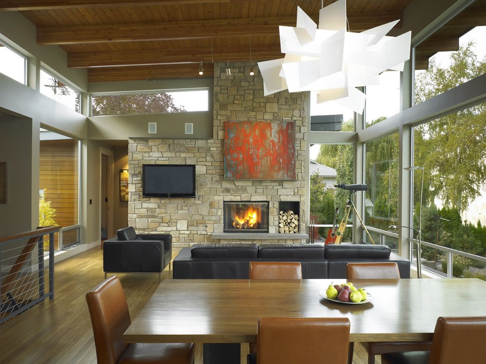 Pictures of Stone Fireplaces Living Room Contemporary with Black Leather Sofa Ceiling