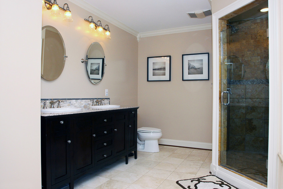 Pictures of Walk in Showers Spaces with Crown Molding Double Vanity