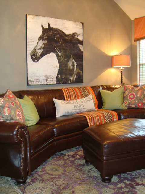 Pillows for Brown Leather Couch Family Room Eclectic with Art Brown Horse Leather