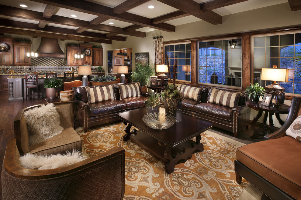 Pillows for Brown Leather Couch Family Room Mediterranean with Ceiling Lighting Coffered Ceiling