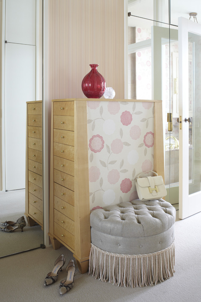 Pink Tufted Ottoman Closet Traditional with Carpeting Dresser Dressing Area