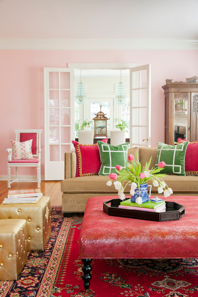 Pink Tufted Ottoman Living Room Eclectic with Area Rug Bella Pink