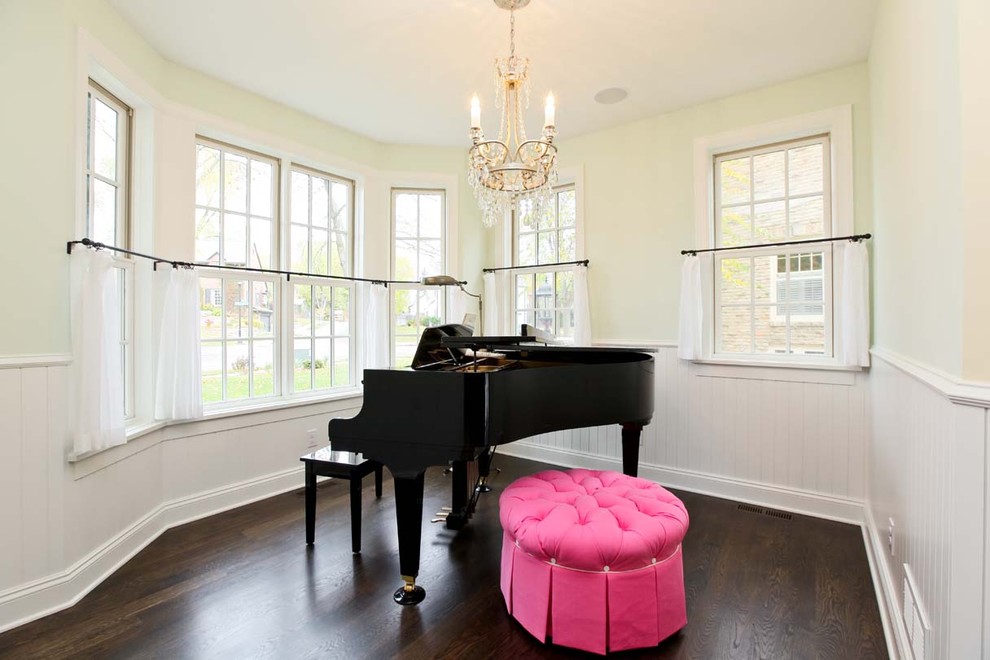 Pink Tufted Ottoman Living Room Traditional with Accent Color Baseboards Beadboard