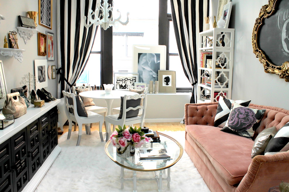 Pink Tufted Sofa Living Room Eclectic with Art Chandelier Flokati Fret