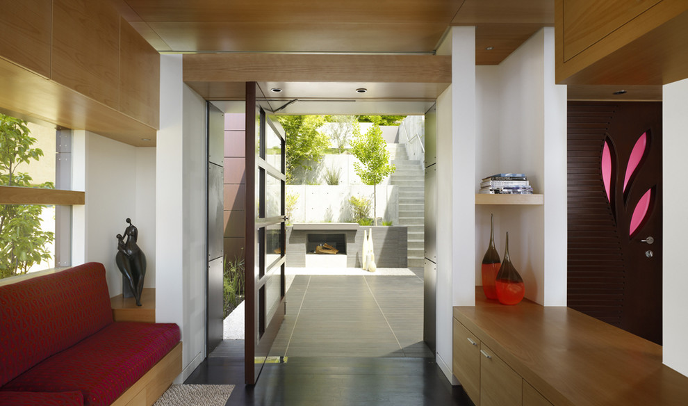 Pivot Closet Doors Entry Contemporary with Built in Sofa Built