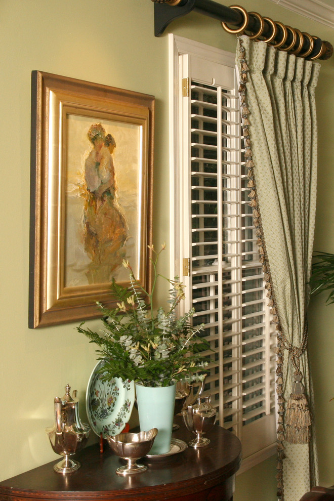 Plantation Shutters with Curtains Dining Room Traditional with Artwork Black Cherry Console