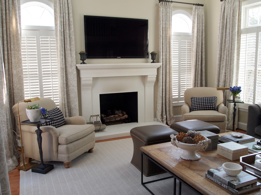 Plantation Shutters with Curtains Family Room Traditional with Area Rug Curtains Drapes
