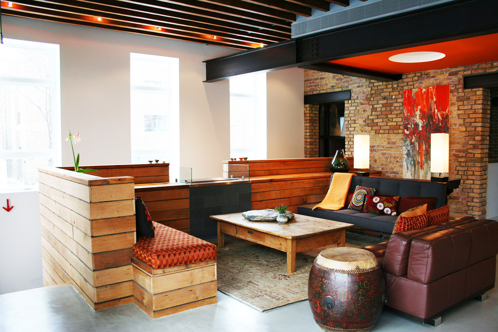 Planter Box Design Family Room Industrial with Brick Wall Built In