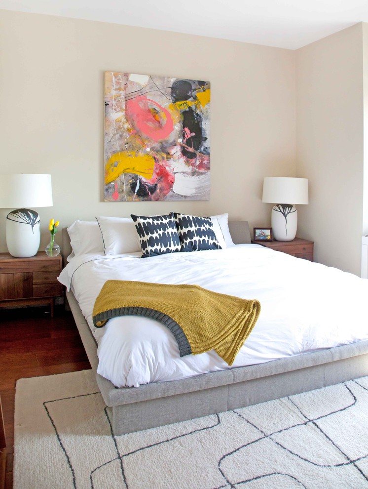 Platform Bed Frame Bedroom Contemporary with Art Beige Area Rug