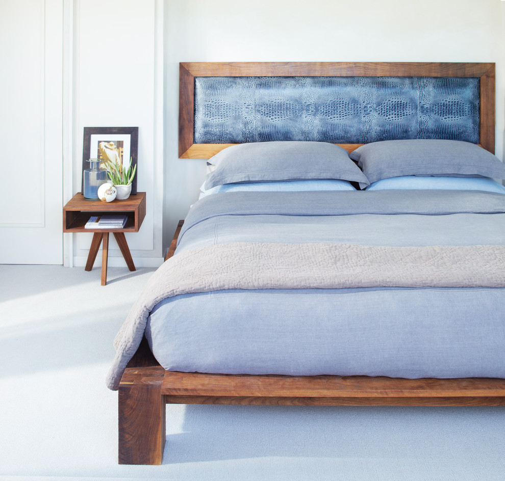 Platform Bed Frame Bedroom Modern with Blue Bedding Carpet Headboard