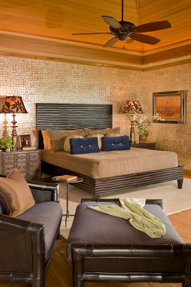 Platform Bed with Headboard Bedroom Tropical with Brown Armchair Brown Ottoman
