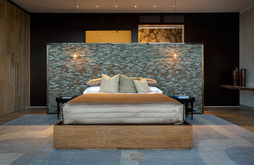 Platform Bed with Nightstands Bedroom Contemporary with Accent Wall Area Rug