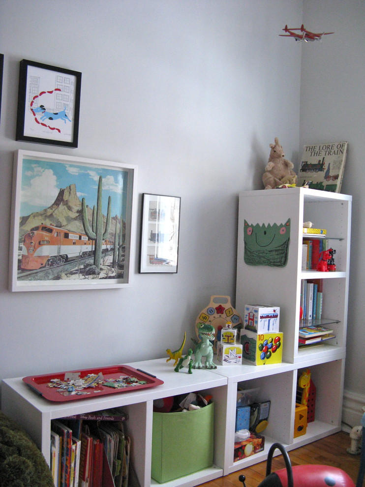 Playroom Storage Ideas Kids Eclectic with Art Artwork Bookcase Bookshelves1