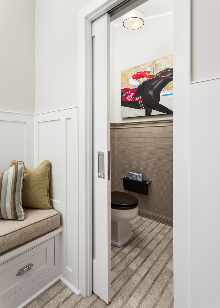 Pocket Door Hardware Bathroom Transitional with Beadboard Ceiling Bench Seating