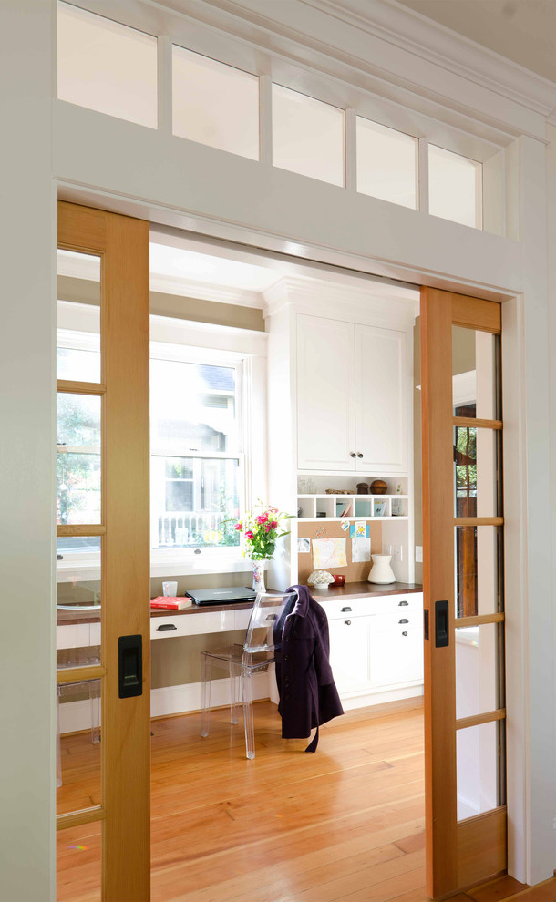 Pocket French Doors Home Office Traditional with Built in Cabinets Built in Desk1