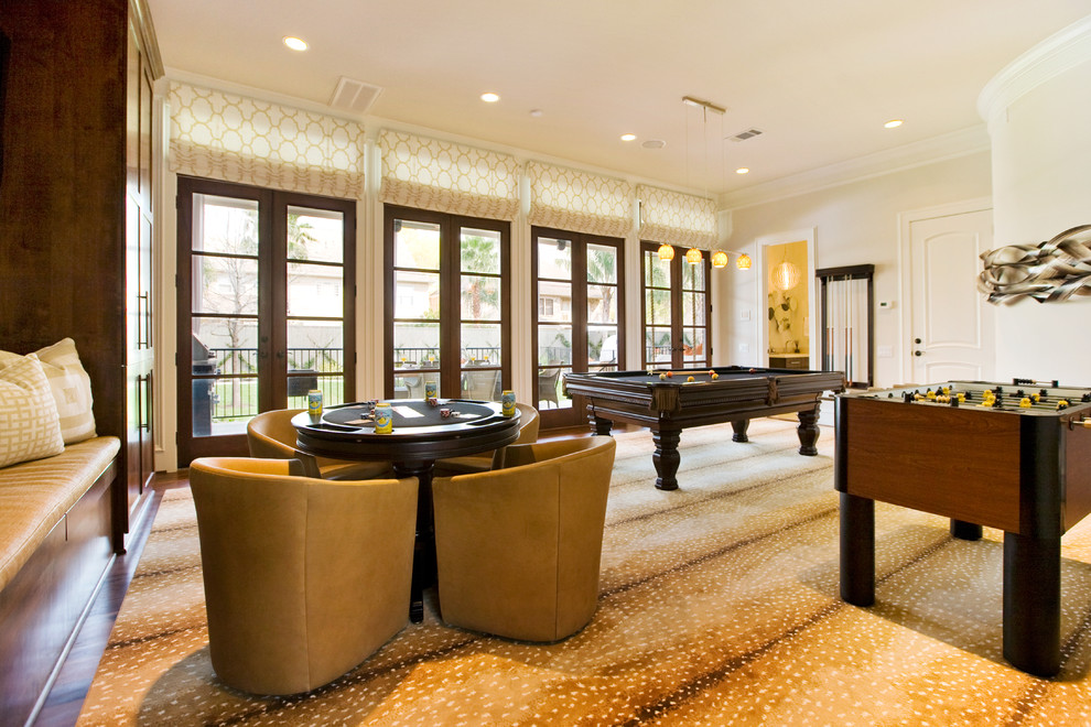 Poker Table Dining Table Family Room Contemporary with Barrel Chairs Built in Bench