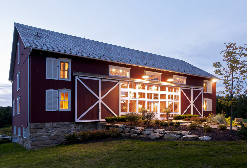pole barn house plans Exterior Farmhouse with barn barn doors red