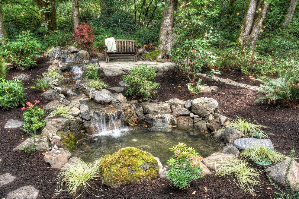 Ponds and Waterfalls Landscape Rustic with Boulders Creek Ferns Mulch