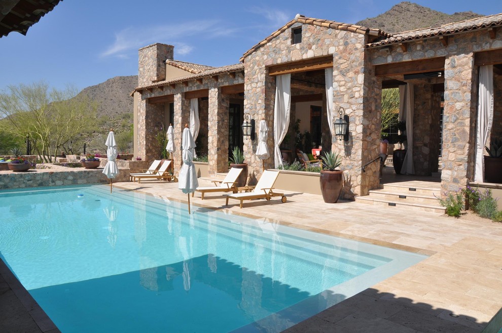 Pool Deck Pavers Patio Mediterranean with Chaise Lounge Container Plants