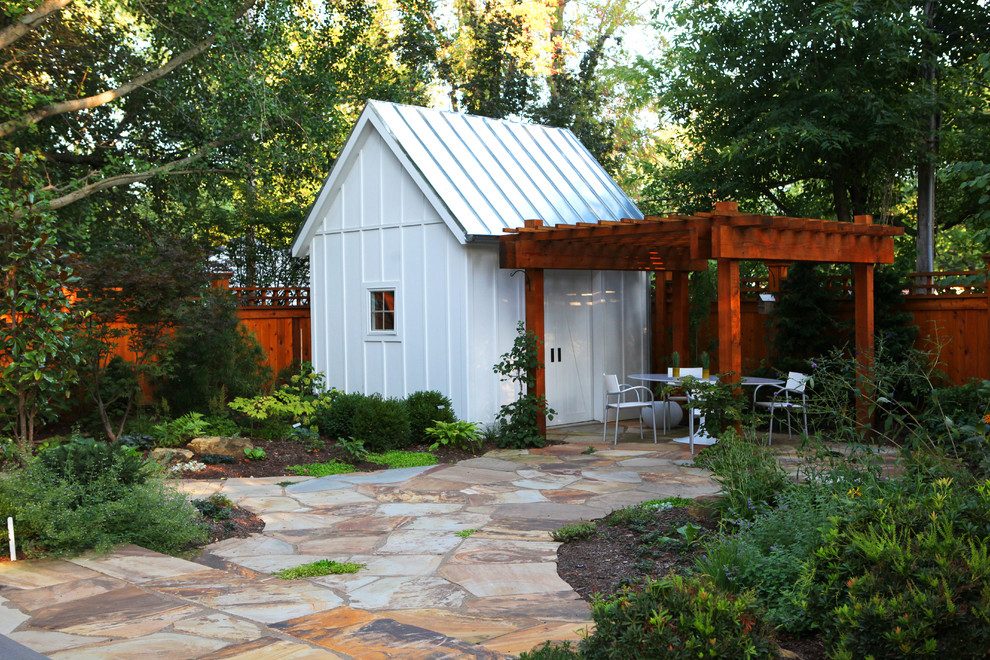 Pool Equipment Shed Garage and Shed Farmhouse with Bark Mulch Board And