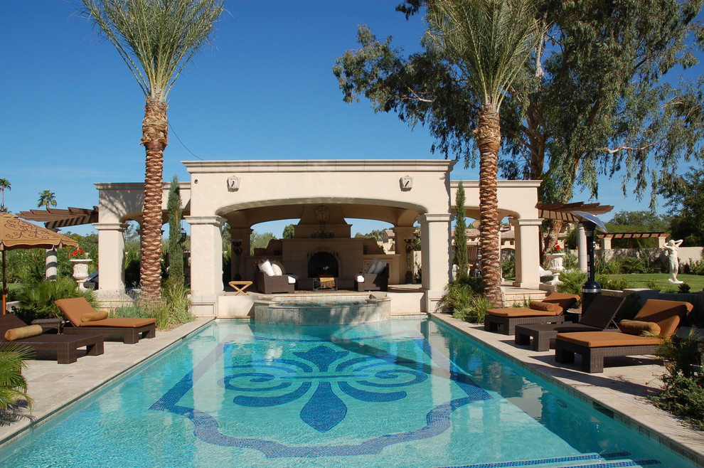 Pool Tile Designs Pool Mediterranean with Arches Covered Porch Fireplace