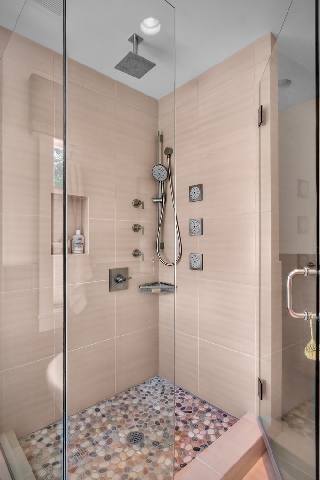 Porcelain Shower Tile Bathroom Contemporary with Alcove Beige Cubby Glass