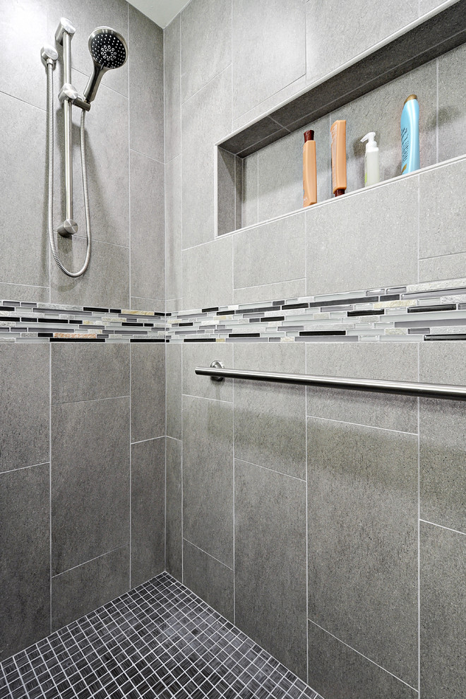 Porcelain Shower Tile Bathroom Transitional with Brushed Nickel Finishes Contemporary