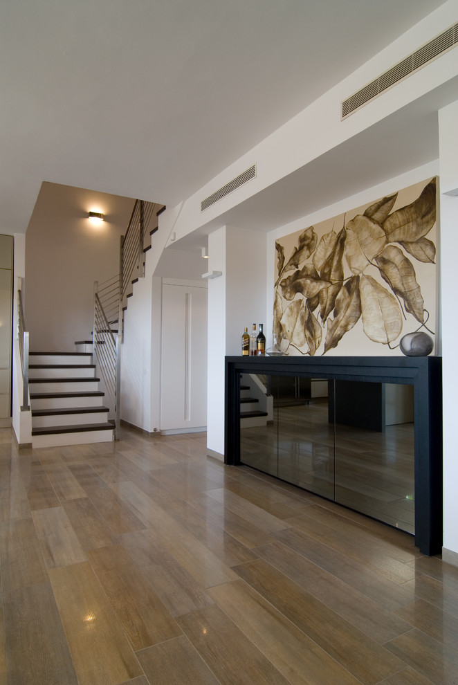 Porcelain Tile Flooring Hall Contemporary with Metal Railing Staircase White