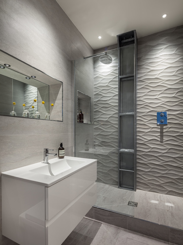 Porcelain Tile Shower Bathroom Contemporary with Bespoke Lighting Clean Lines