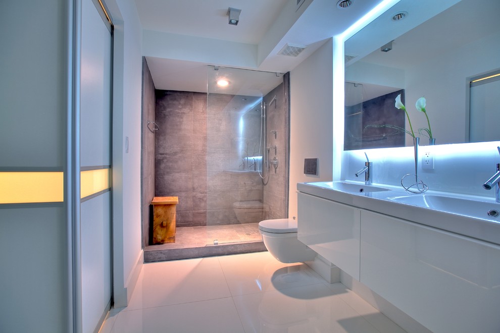 Porcelain Tile Shower Bathroom Contemporary with Cove Lights Double Vanity