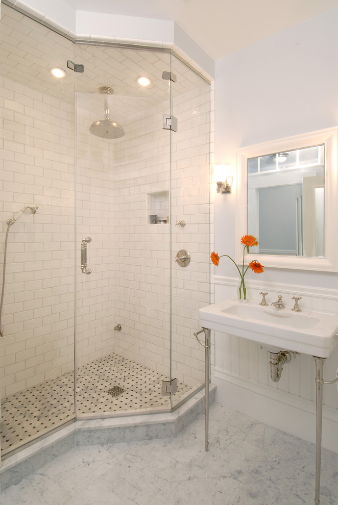 Porcelain Tile Shower Bathroom Traditional with Basketweave Tile Console Sink