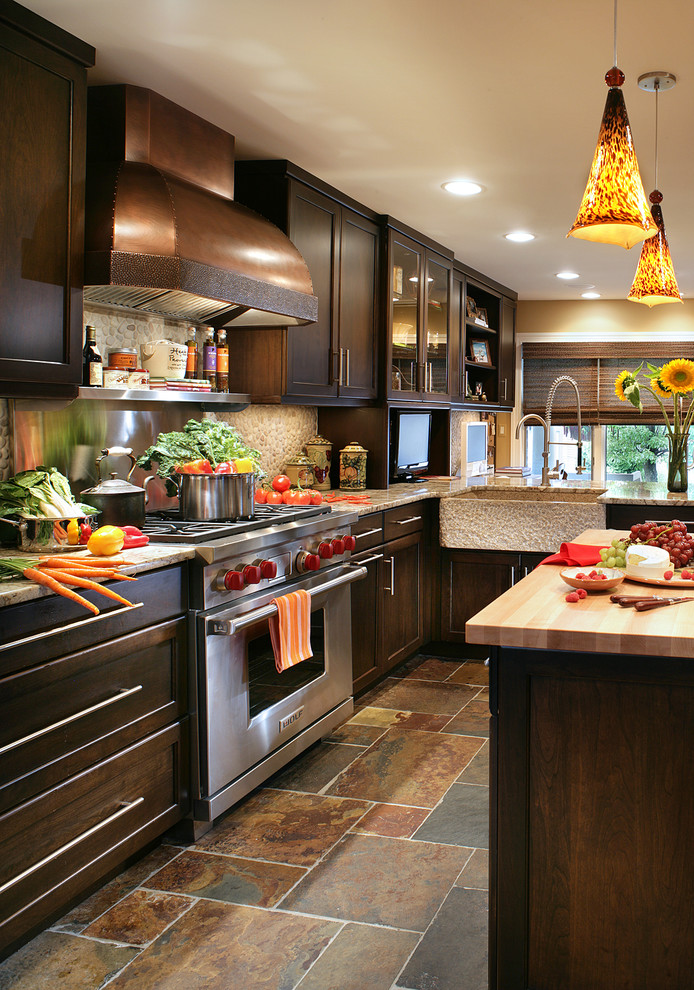 Porcelain Tile That Looks Like Slate Kitchen Transitional with Butcher Block Copper Hood