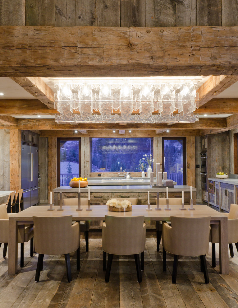 Post and Beam Framing Dining Room Rustic with Candles Chandelier Dining Chairs