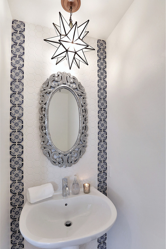 Powder Room Light Fixtures Powder Room Mediterranean with Decorative Tile Framed Mirror