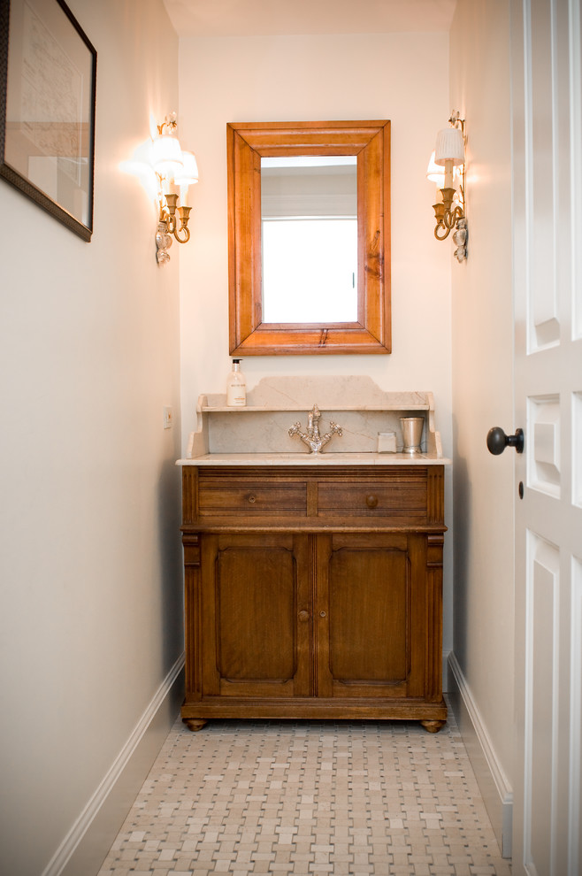Powder Room Vanity Powder Room Farmhouse with Antiques Baseboards Bath Accessories