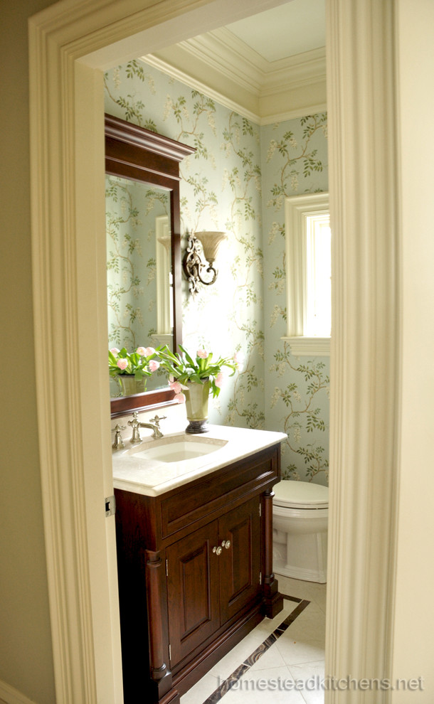 Powder Room Vanity Powder Room Traditional with Cherry Vanity Crown Molding