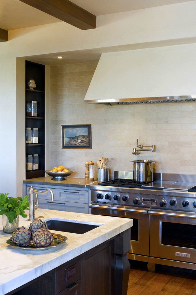Prep Sink Size Kitchen Transitional with Alcove Beams Carved Wood