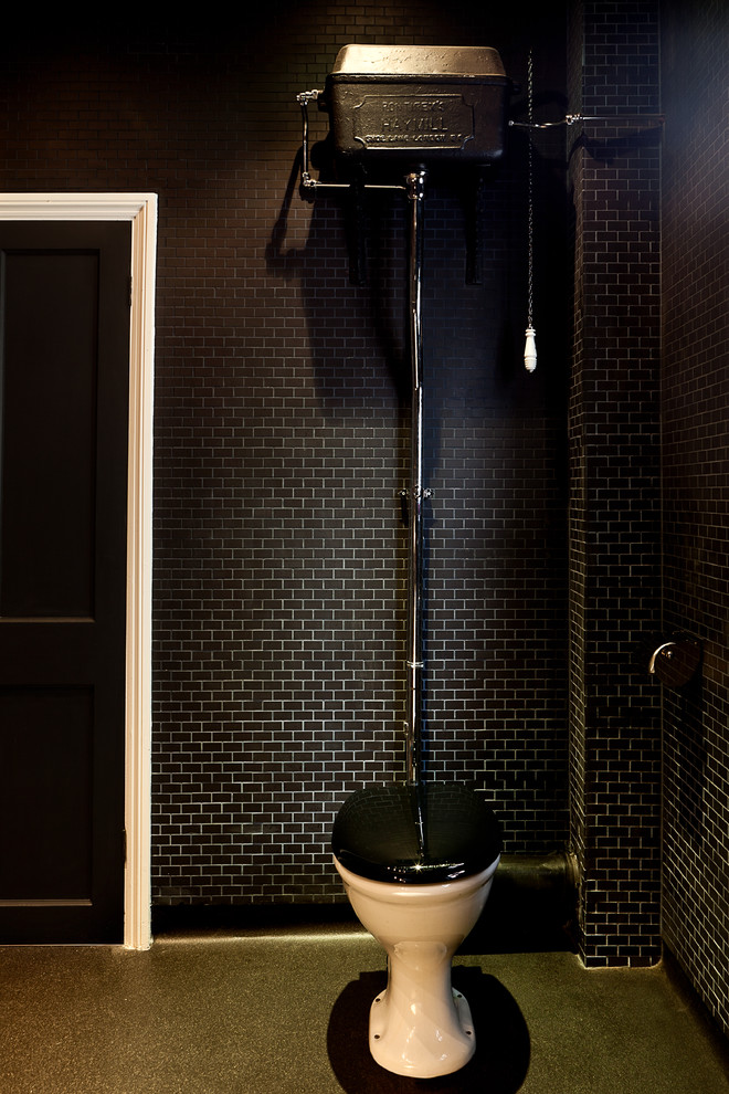 Pull Chain Toilet Bathroom Modern with Black Mosaic Tiles Victorian