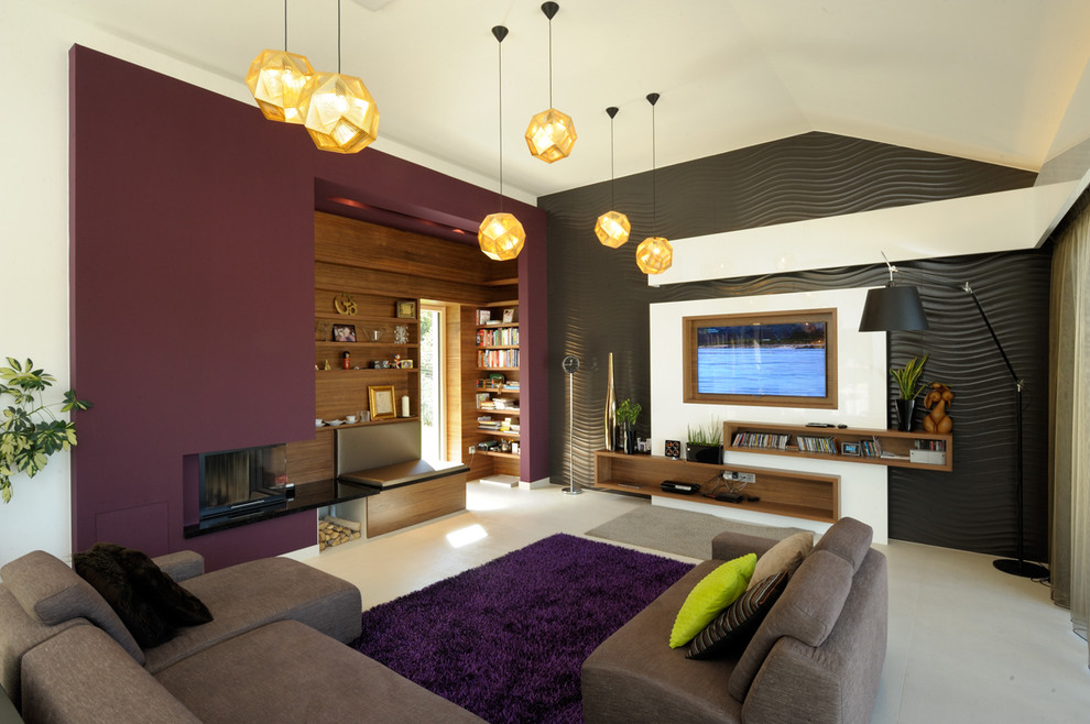 Purple Area Rugs Living Room Contemporary with Black Floating Shelves Gold
