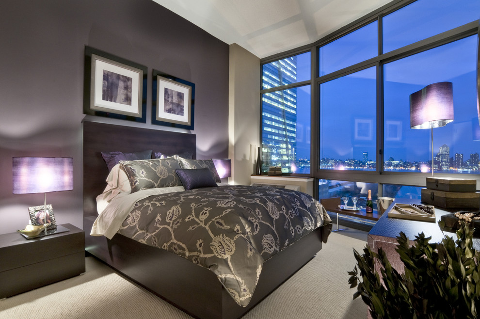 Purple Duvet Cover Bedroom Contemporary with Accent Wall Artwork Bed