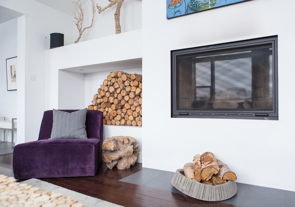 Purple Velvet Chair Living Room Contemporary with Fireplace Logs Purple White
