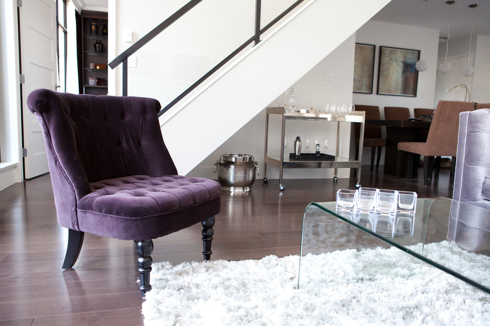 Purple Velvet Chair Spaces Contemporary with Dark Wood Floors Entertainment