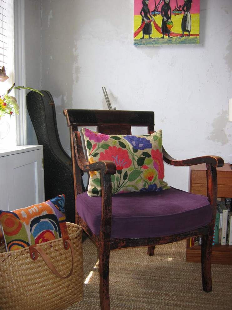 Purple Velvet Chair Spaces Eclectic with Purple Tulips Designer Pillow