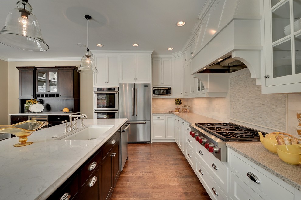 Quartz Counter Tops Kitchen Traditional with Bell Pendants Buffet Crown