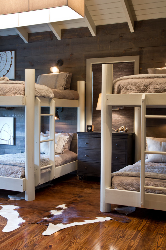 Queen Bunk Bed Bedroom Contemporary with Beams Cowhide Rug Dark