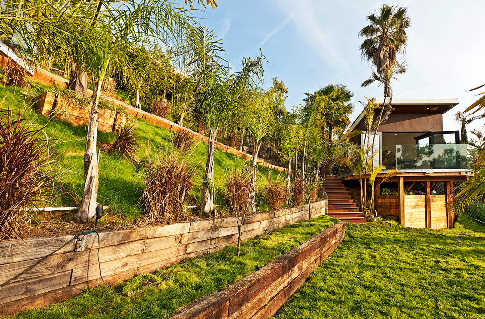 Railroad Ties Landscaping Landscape Contemporary with Butterfly Roof Glass Railing