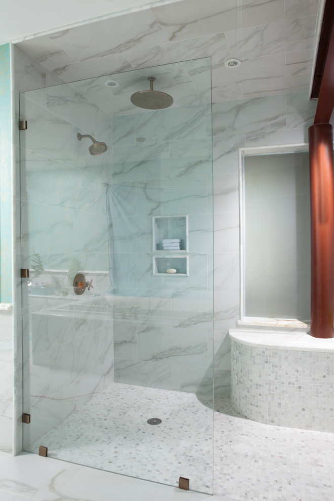 Rainfall Shower Head Bathroom Contemporary with Clear Glass Shower Column