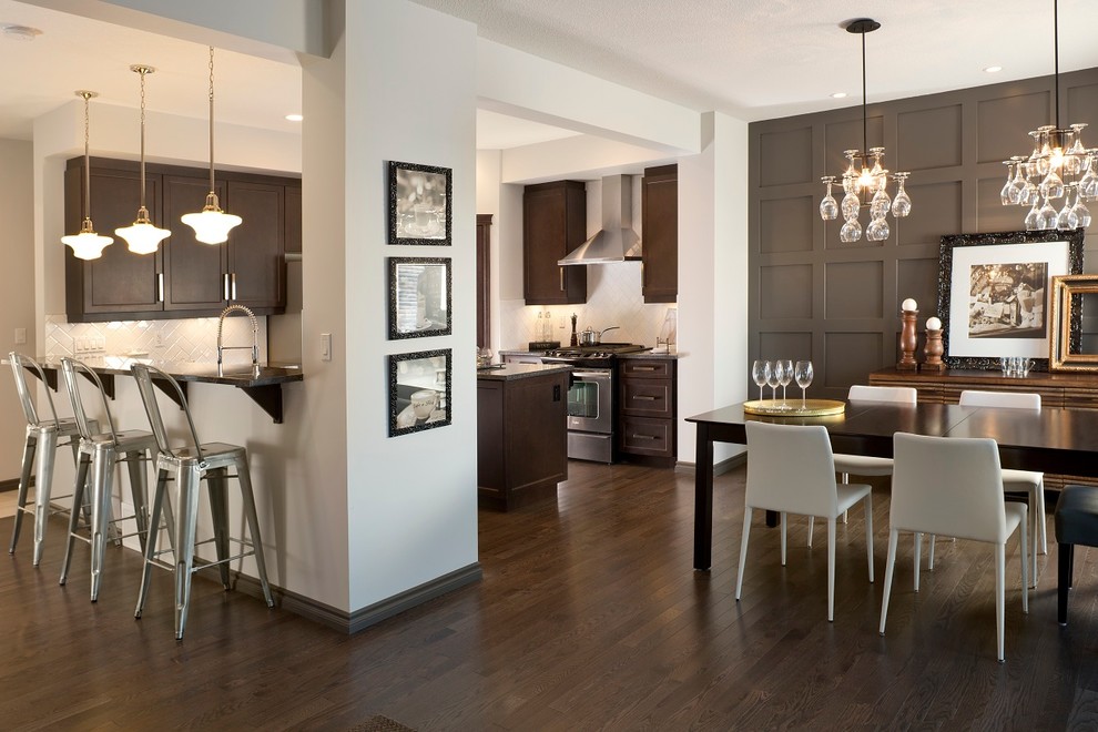 raised panel walls Kitchen Contemporary with dark stained wood cabinets