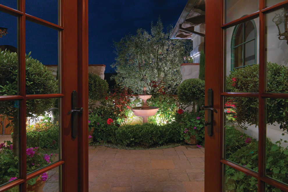 Ranch Fence Styles Patio Mediterranean with Brown Paving Stones Focal